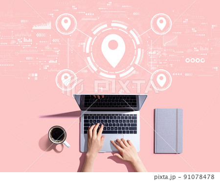 Map pin concept with person using a laptop Map pin concept with person using a laptop 91078478
