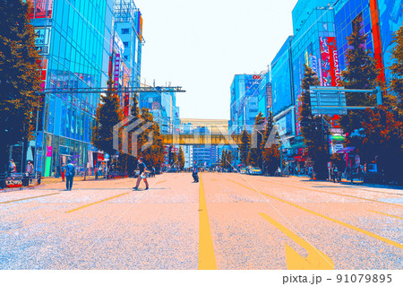 休日の秋葉原なのに閑散としているイラストのイラスト素材