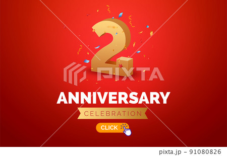 Anniversary birthday 2 years golden background. Happy vector poster 2 anniversary confetti Anniversary birthday 2 years golden background. Happy vector poster 2 anniversary confetti 91080826