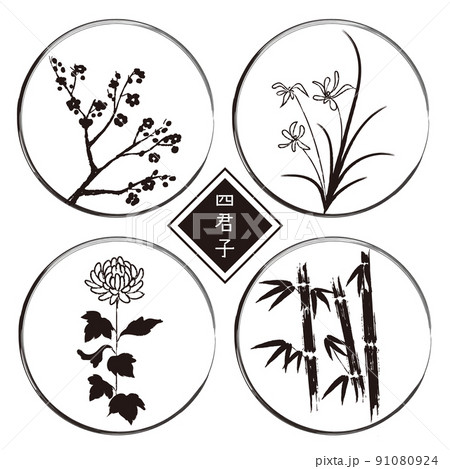 四君子のモノクロイラスト 梅蘭竹菊 のイラスト素材 [91080924] - PIXTA