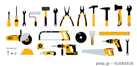 Construction tools hammer repair carpentry background. Electric home tool screwdriver toolkit 91080926