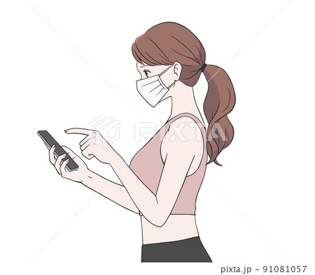 マスクをつけてスマホを操作するスポーツインストラクター 91081057