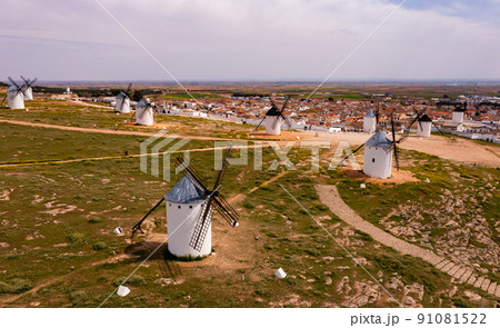 Drone photo of windmills in Campo de Criptana, Spain Drone photo of windmills in Campo de Criptana, Spain 91081522