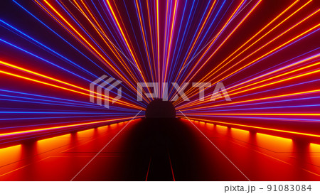 3d render of flash neon and light glowing on dark scene. Speed light moving lines. 91083084