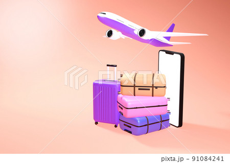 Luggage piled up in front of the phone and planes flying above. Luggage piled up in front of the phone and planes flying above. 91084241