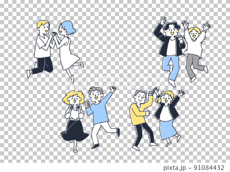 A set of men and women who hold hands and bounce their bodies, a comical handwritten person vector, a warm line drawing 91084432