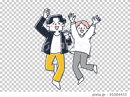 Two people who are happy to jump, men and women who are happy to hold hands and bounce their bodies 91084433