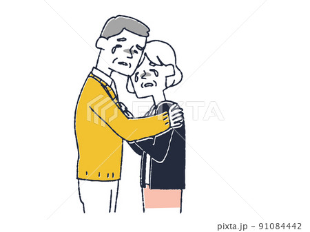 抱き合い悲しむ高齢の男性と女性　不条理な世の中の仕組みや圧力、政治やニュースに傷つき悲しむ人 91084442