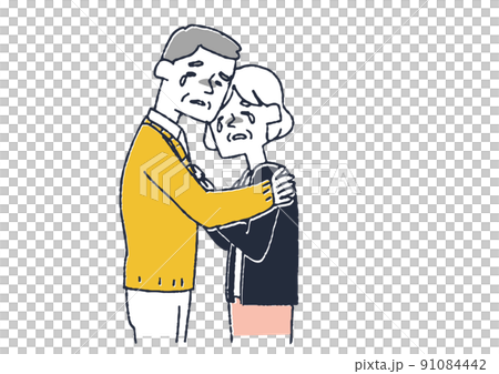 抱き合い悲しむ高齢の男性と女性　不条理な世の中の仕組みや圧力、政治やニュースに傷つき悲しむ人 91084442