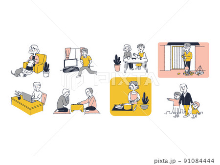 さまざまな老後の幸福な生活のセット コミカルな手書きの人物 ベクター、温かみのある線画 さまざまな老後の幸福な生活のセット コミカルな手書きの人物 ベクター、温かみのある線画 91084444