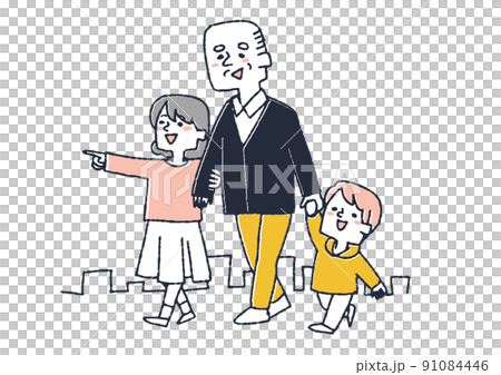 Elderly men going for a walk with their grandchildren, happy lives in various old ages Elderly men going for a walk with their grandchildren, happy lives in various old ages 91084446