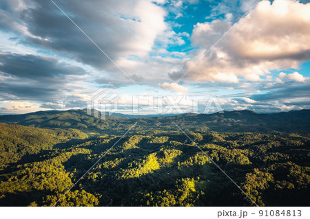 mountains and green trees in the evening mountains and green trees in the evening 91084813