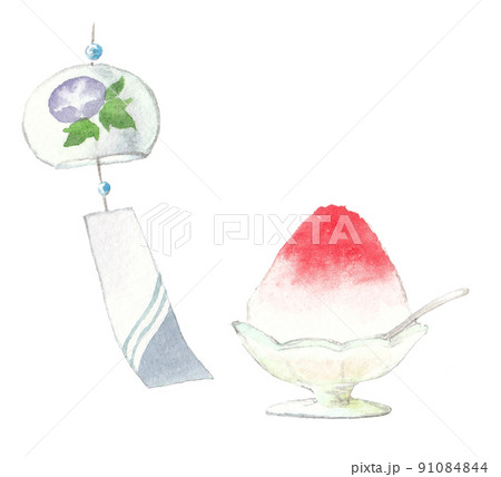 風鈴とかき氷のカットイラスト　手描き水彩 91084844