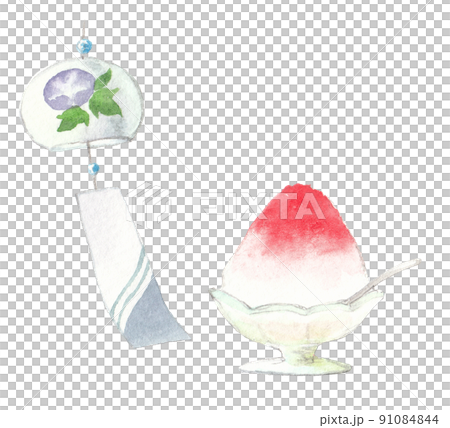 風鈴とかき氷のカットイラスト　手描き水彩 91084844