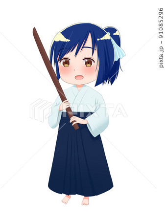 木刀を持ったはかま姿の女の子のイラスト　アニメ塗り 91085296