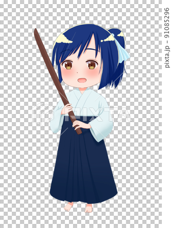 木刀を持ったはかま姿の女の子のイラスト　アニメ塗り 91085296