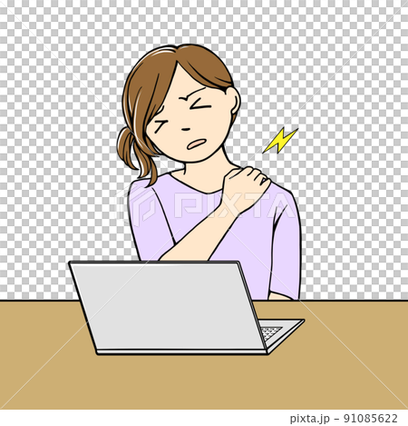 Illustration material of a woman suffering from stiff shoulders in front of a computer 91085622