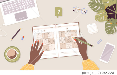 Sudoku game. Learning and leisure concept. African woman solves crossword puzzle. Top view workplace. Task for development of logical thinking and training brain. Vector illustration in cartoon style 91085728