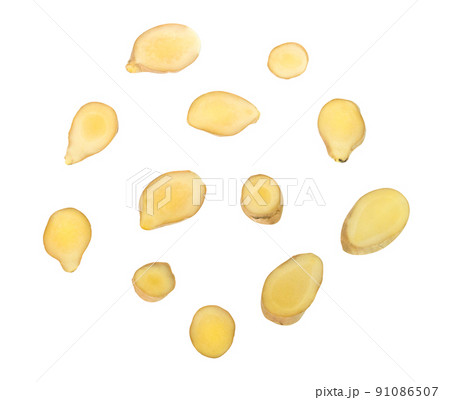 Set of Fresh sliced ginger root on white background for herb and medical product concept Set of Fresh sliced ginger root on white background for herb and medical product concept 91086507
