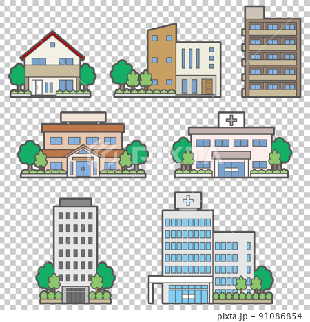 様々な建物の正面図のイラスト. 91086854