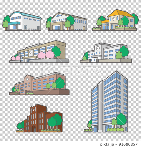 様々な建物の透視図のイラスト. 91086857