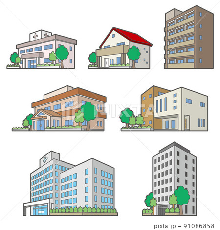 様々な建物の透視図のイラスト. 91086858