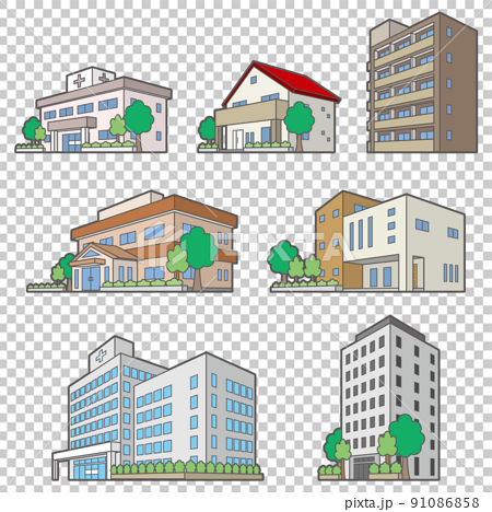 様々な建物の透視図のイラスト. 91086858