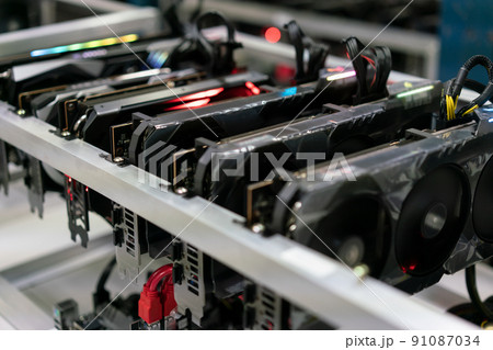 Bitcoin mining farm.  GPU for cryptocurrency miner. 91087034