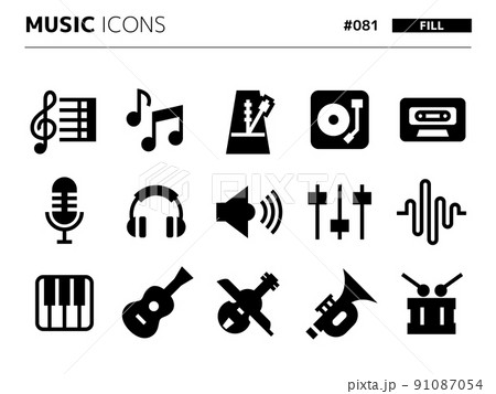 音楽に関連する塗りつぶしスタイルのアイコンセット_081 91087054