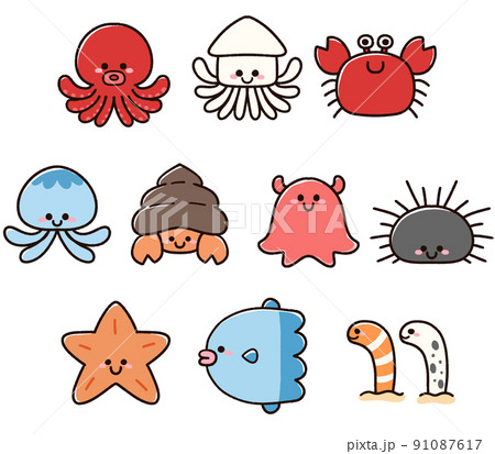 かわいい海の生き物キャラクターセットのイラスト素材