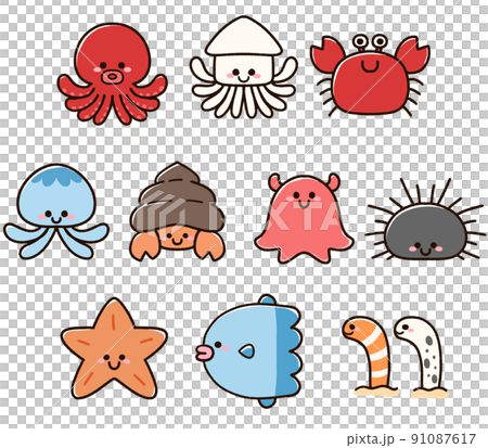かわいい海の生き物キャラクターセット かわいい海の生き物キャラクターセット 91087617