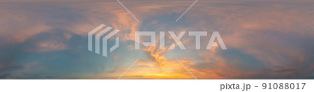 Dark blue sunset sky panorama with Cirrus clouds. Seamless hdr pano in spherical equirectangular format. Complete zenith for 3D visualization, game and sky replacement for aerial drone 360 panoramas. Dark blue sunset sky panorama with Cirrus clouds. Seamless hdr pano in spherical equirectangular format. Complete zenith for 3D visualization, game and sky replacement for aerial drone 360 panoramas. 91088017