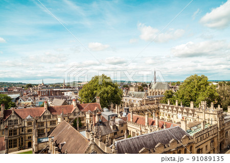 High angle view of High Street of Oxford City, UK High angle view of High Street of Oxford City, UK 91089135