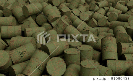 Biohazard Waste Dump from Metal Barrels with Caution Sign. Nature Pollution Thematic Wallpaper. 3d Illustration. 91090453