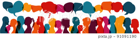 Dialogue group of diverse multiethnic multicultural people. Talking and share ideas. Communication concept. Crowd talking. Silhouette heads diversity people in profile. Speech bubble 91091190