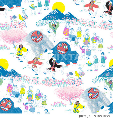 Seamless pattern illustration of people enjoying the traditional Korean festival "Bongsan Talchum". The traditional Korean attraction "Mask Dance Drama of Bongsan". 91091659