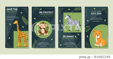 Wildlife Park Animals Social Media Stories Template Flat Cartoon Background Vector Illustration 91092249