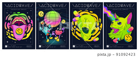 Psychedelic rave trip party banner template, set Psychedelic rave trip party banner template, set 91092423