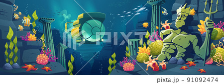 Underwater sea landscape with submarine, fish Underwater sea landscape with submarine, fish 91092474