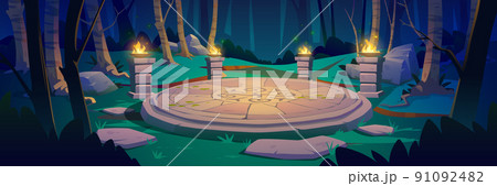 Ancient celtic stone platform in forest at night 91092482
