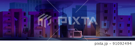 Destroyed city with broken houses at night 91092494