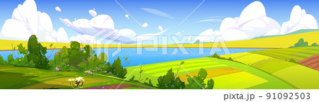 Summer landscape with lake and green farm fields 91092503