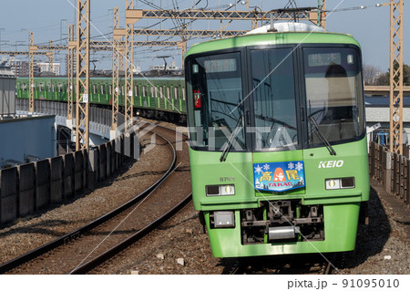 京王8000系緑のラッピング車両準特急橋本行稲田堤のカーブを往く 91095010