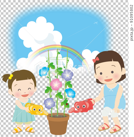 Sisters watering the morning glory 91095802