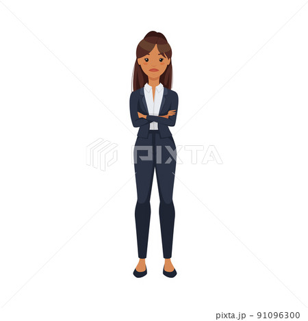 Office Woman Character with Ponytail Wearing Formal Suit Standing with Folded Arms Vector Illustration 91096300