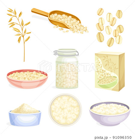 Oatmeal as Whole-grain Food with Rolled Oats in Bowl and Cereal in Package Vector Set Oatmeal as Whole-grain Food with Rolled Oats in Bowl and Cereal in Package Vector Set 91096350