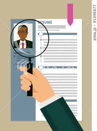 履歴書、職務経歴書、レジュメをルーペ拡大鏡で見るイラスト　就職活動　転職活動　黒人系男性 91096877