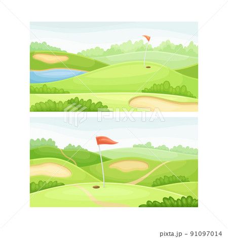 Golf course with green lawn, pond and red flags at sunny day vector illustration 91097014