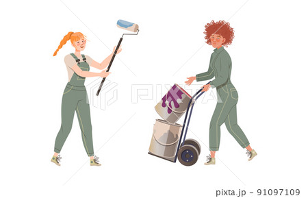 Professional women painters smiling holding paint roller and pushing cart with paint buckets vector illustration 91097109