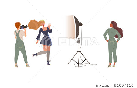 Photographer taking shots of beautiful girl in studio. Model posing on backstage with professional equipment vector illustratio 91097110